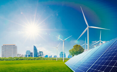 Wind Power Station with Turbines and Solar Panels in a Green Field. environment friendly,...