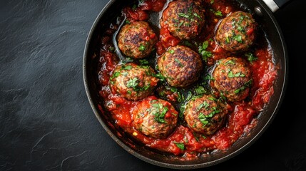 Baked fluffy Meatballs in a rich tomato sauce into flying pan,Meatballs in ceramic bowl on table,tomato sauce,italian pasta,Spanish Albondigas,Meatball day,space for text.