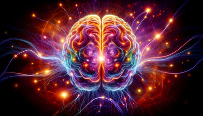 Law of attraction A brain's neural network glowing in orange, purple, and blue, symbolizing how the energy of thoughts1