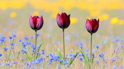 Three Dark Red Tulips in a Field of Blue Flowers
