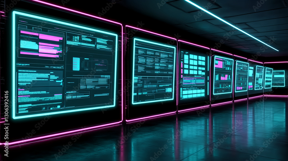 Poster analyzing data visualization techniques modern office space digital displays high-tech environment w