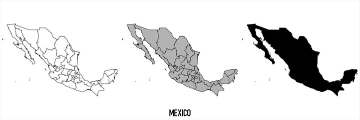 Mexico- set of black, solid black, grey outline border map of country area. Simple flat vector illustration.