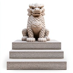 Fototapeta premium A detailed stone lion statue sits majestically on a three-tiered base, symbolizing strength and protection in traditional architecture.