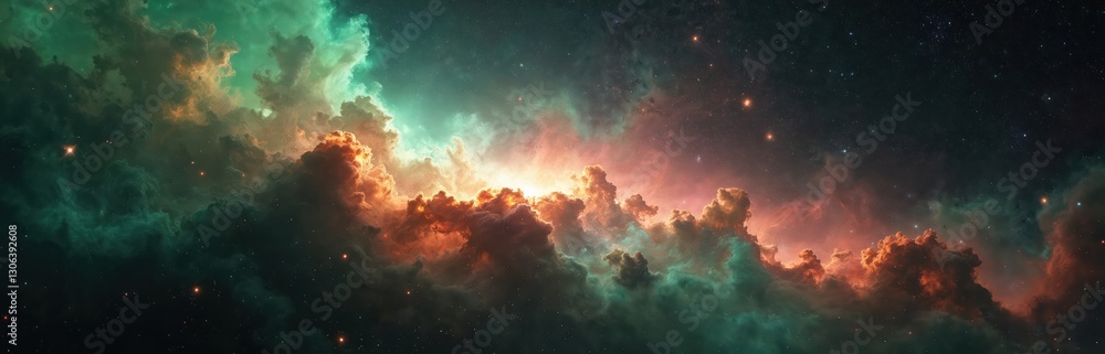 Poster endless cosmos with nebula and galaxies in deep space. orange clouds illuminated with light in night