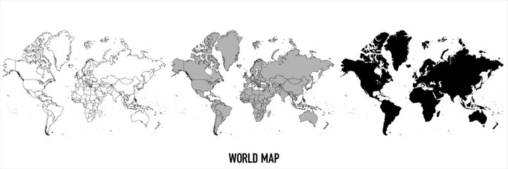 World - set of black, solid black, grey outline border map. Simple flat vector illustration.