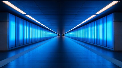 Illuminated Hallway with Enigmatic Blue Lights Creating a Mysterious and Captivating Atmosphere