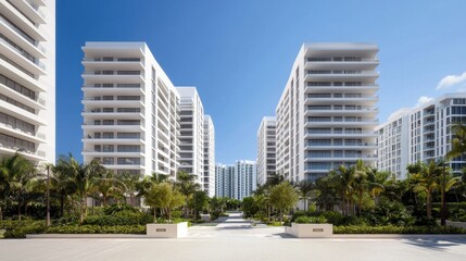 Obraz premium Modern Residential Buildings Surrounded by Lush Greenery and Blue Sky