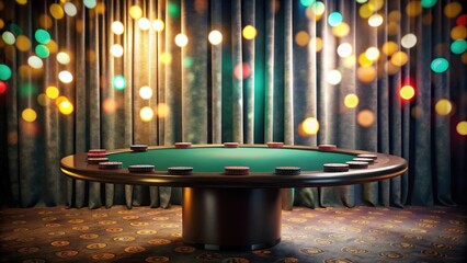 A Luxurious Round Poker Table Set Against a Dramatic Backdrop of Shimmering Curtains, Ready for a High-Stakes Game