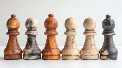 Row of vintage wooden chess pawns in various colors on white background