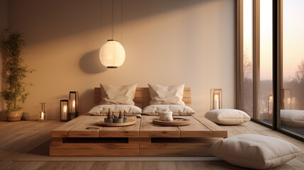 Cozy living room featuring a wooden bench, and potted plants. Sunlight filters through the windows, creating a warm and inviting atmosphere.