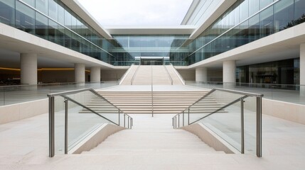 Obraz premium Modern Architectural Space with Stairs Leading to Glass Building