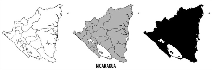 Nicaragua - set of black, solid black, grey outline border map of country area. Simple flat vector illustration.