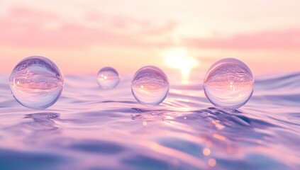 Crystal spheres reflecting a soft sunset over rippling water.