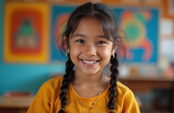 Happy young girl in classroom with indigenous art background. Portrait embodies cultural heritage, diversity, youth. Cheerful student with braid smiles. School education promotes integration, - Powered by Adobe