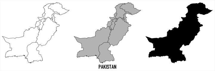 Pakistan - set of black, solid black, grey outline border map of country area. Simple flat vector illustration.