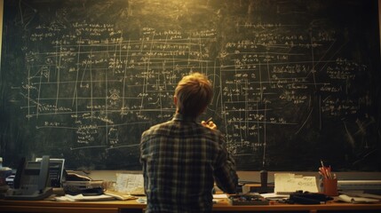 A person writing complex equations on a chalkboard in a dimly lit classroom.