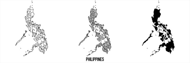 Philippines - set of black, solid black, grey outline border map of country area. Simple flat vector illustration.