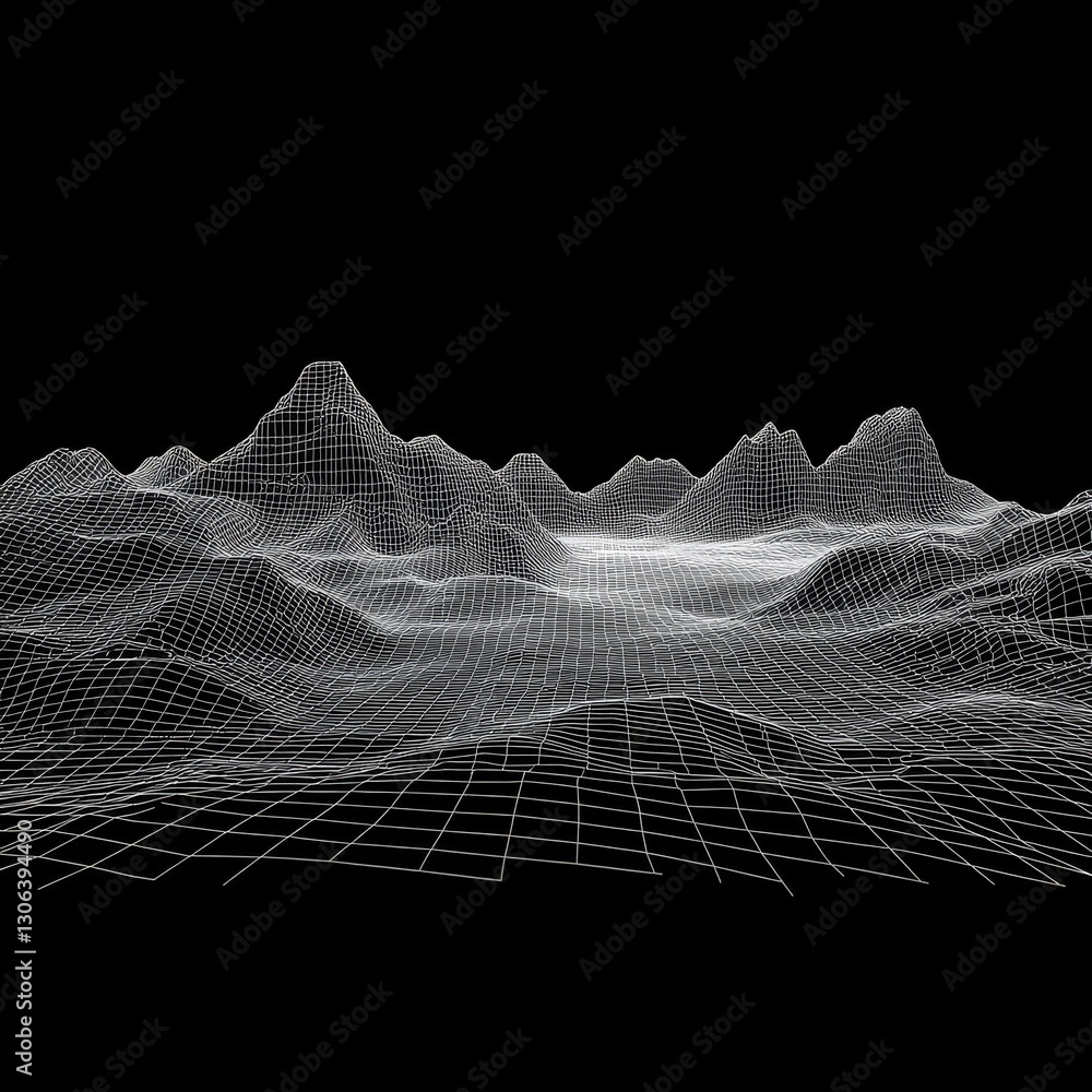 Poster abstract 3d wireframe landscape on black background: representing data visualization and digital ter