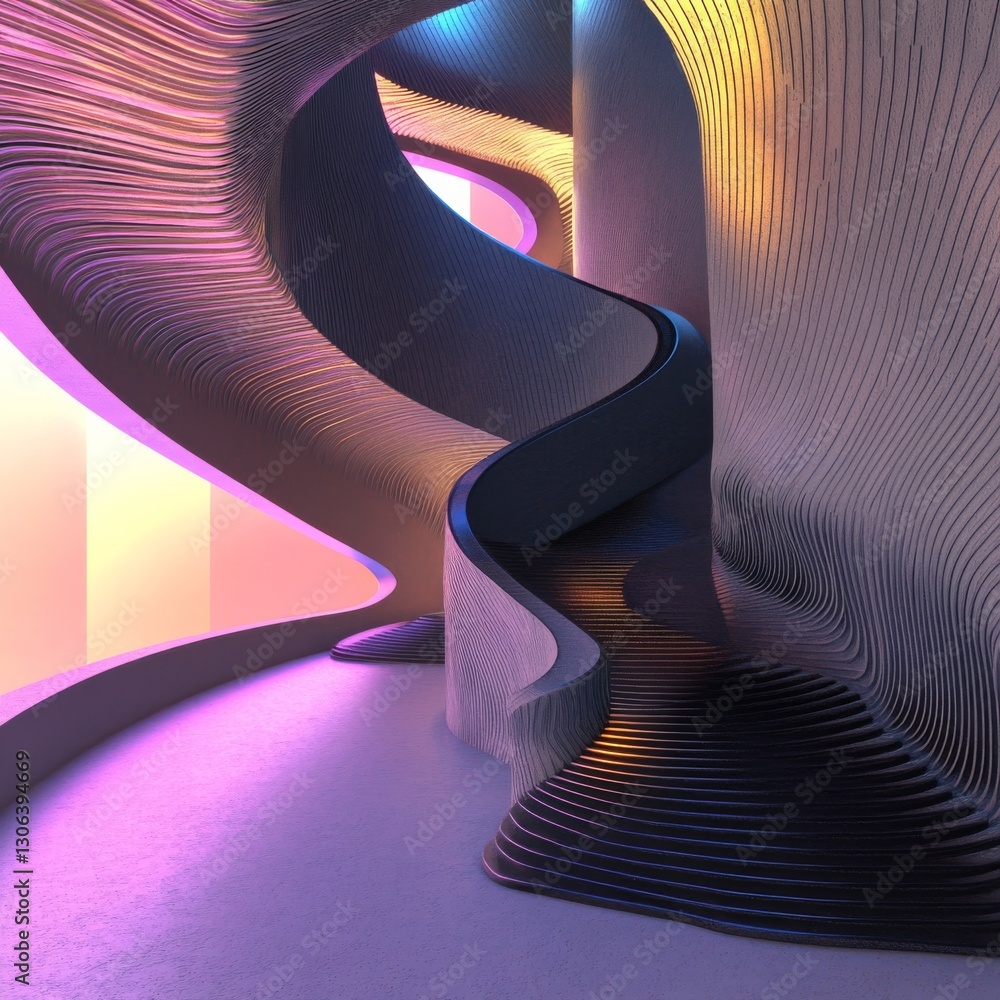 Leinwandbilder Abstract Architecture: Winding Staircase with Layered Walls and Dynamic Lighting, Creating a Futuristic and Surreal Indoor Space