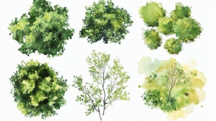 Various green trees, bushes and shrubs, top view for landscape design plan. Vector watercolor illustration, isolated on white background.