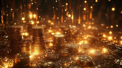 Naklejka premium Golden coins are arranged in stacks amidst a backdrop of sparkling particles, creating an enchanting, luxurious scene in low light