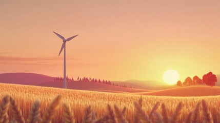 Obraz premium Wind turbine generating renewable energy in smart agriculture wheat field