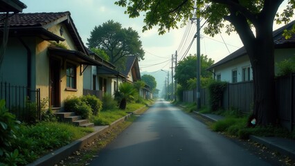 Serene Residential Street at Dawn, Lined with Charming Houses and Lush Greenery, Basking in the Soft Morning Light