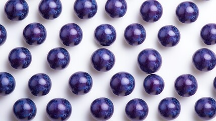 Fototapeta premium Fresh plums evenly spaced on a white surface create a simple food background