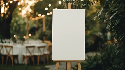 A blank white welcome sign mockup, size is 24 by 36 inches in portrait orientation, on an easel during a wedding party.