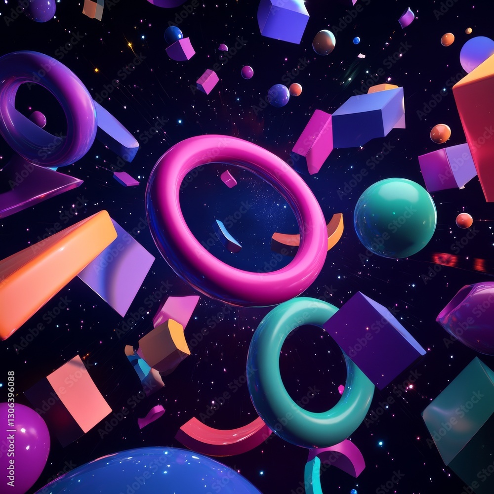 Poster Abstract Geometric Shapes Floating in Space with Colorful Lights and Modern Design