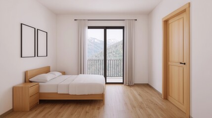Fototapeta premium Modern minimal bedroom with large window and mountain view