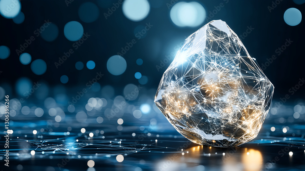 Poster illuminated crystal stone with digital connections abstract background 3d render futuristic environm
