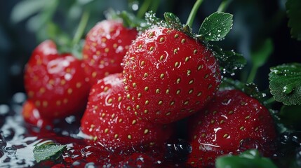 Fresh dew-covered strawberries in vibrant setting