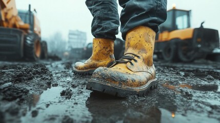 A construction worker stands on a muddy surface, showcasing worn yellow boots against a backdrop of machinery and damp surroundings. The weather adds a gritty touch to the worksite