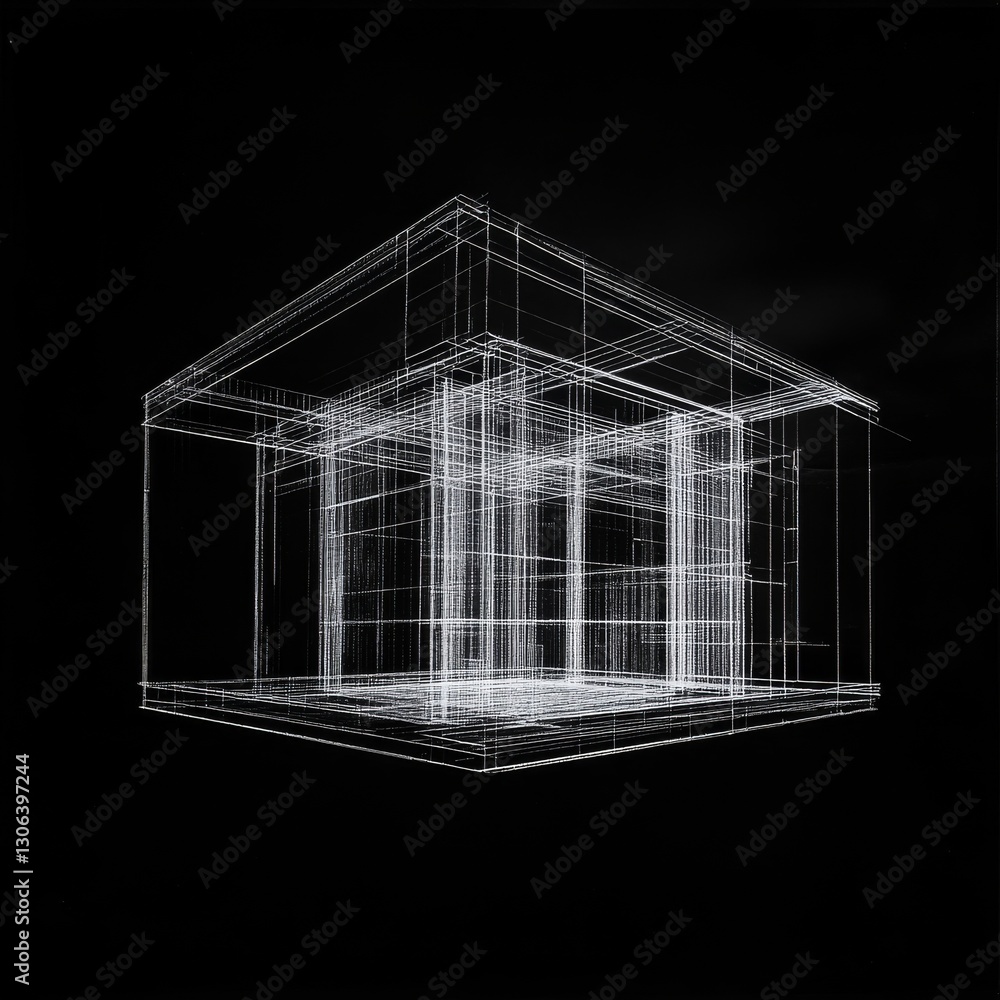 Fototapete Abstract White Wireframe Structure Floating on Black Background - Geometric Lines and Transparency