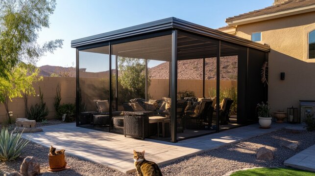 A luxury cat patio underneath a modular roof pergola with screened in sides outside of a giant desert landscape mansion backyard.