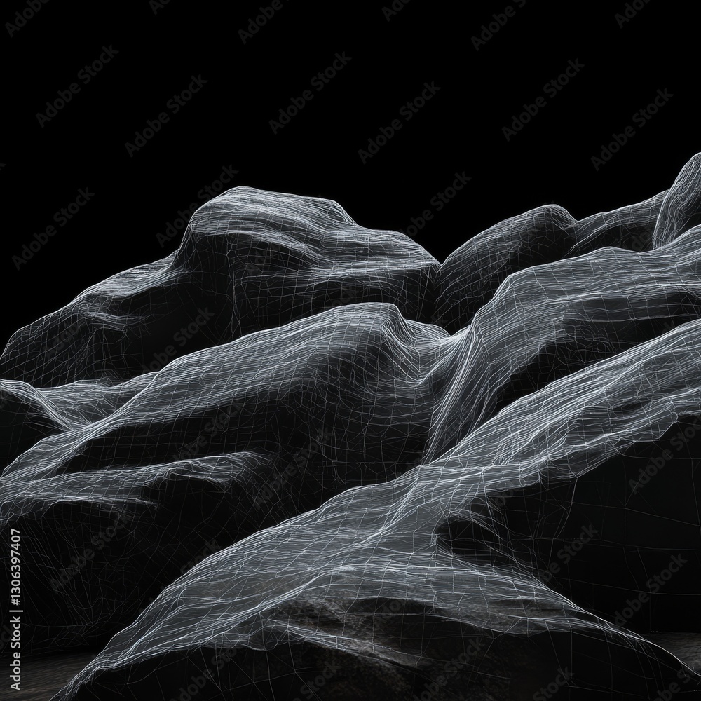 Aufkleber Abstract Wireframe Landscape: Low Poly Mountains with Geometric Mesh on Black Background.