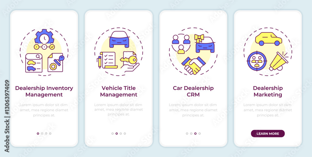 Poster dealer management system onboarding mobile app screen. walkthrough 4 steps editable graphic instruct