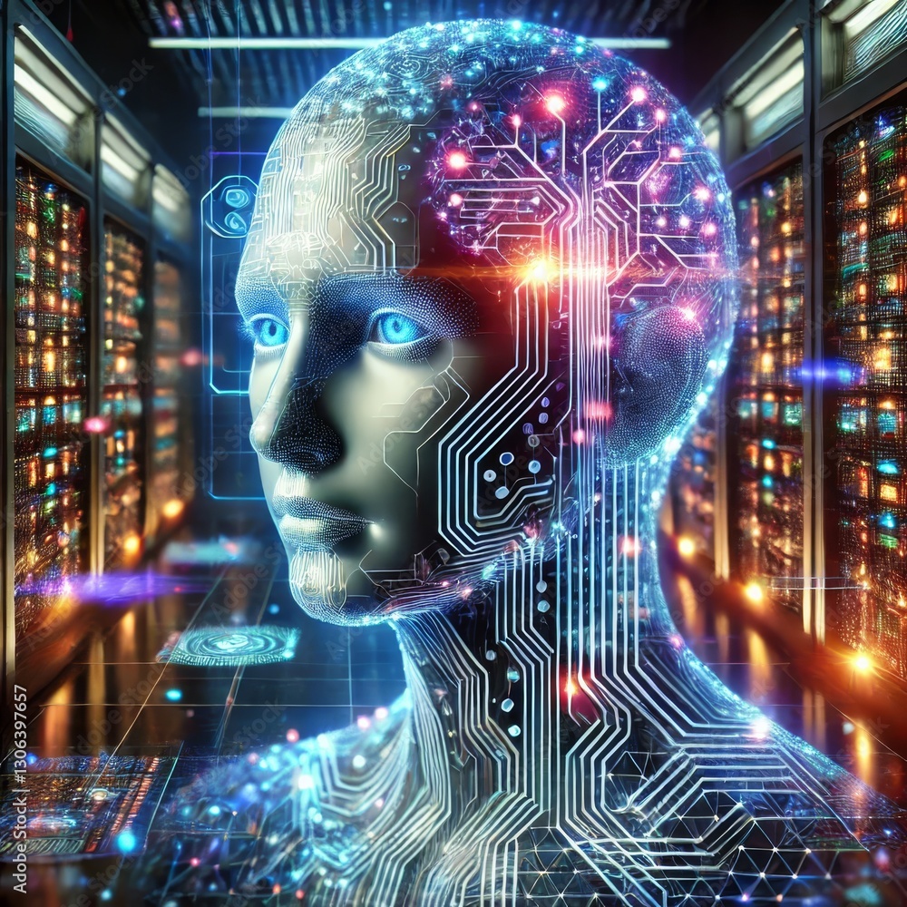 Poster ai humanoid in server room: futuristic technology and artificial intelligence concept