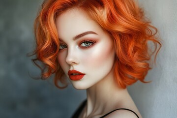 Fototapeta premium Beautiful Woman with Orange balayage , hair coloring technique. Beauty model girl with short soft wavy hair . curly hairstyle dye .Fashion, cosmetics and makeup