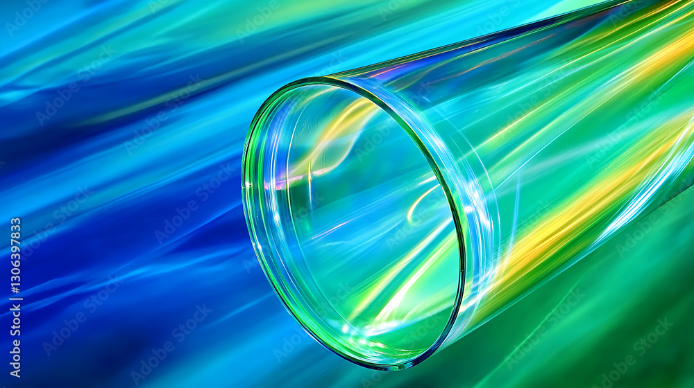Poster dynamic light reflection in transparent tube futuristic environment abstract art vivid colors close-
