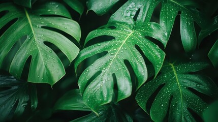 Lush green monstera leaves with dew drops in tropical foliage