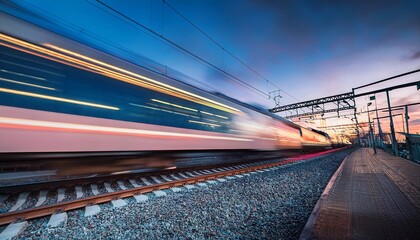 Fototapeta premium High-speed train in motion at sunset, captured with motion blur. Dynamic transport concept with railway tracks, electric lines, and urban scenery. Perfect for travel, speed, and technology themes.