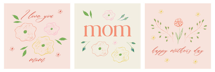 Trendy crayon Mother's Day in nude, beige color. Spring crayon flower for holiday design. Mother day design with chalk texture. Vector illustration template