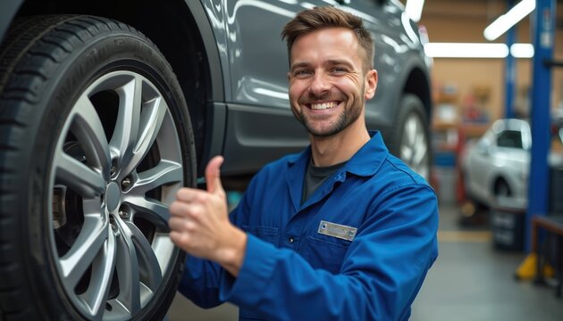 Smiling car mechanic showing thumbs up near vehicle in repair shop. Auto service worker in blue uniform near tire smiles, approves quality, welcomes clients. Car maintenance, mechanical repairs - Powered by Adobe