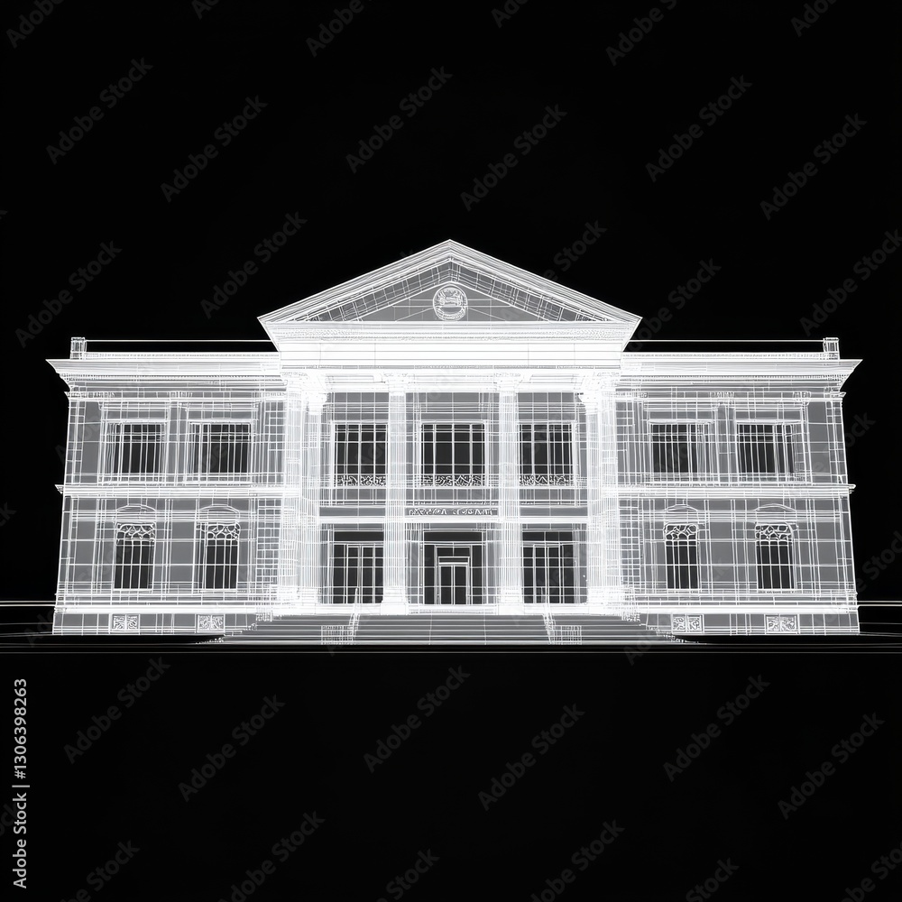 Poster architectural blueprint: wireframe visualization of a classical building on black background