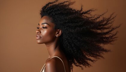 Side profile of glamour black woman with curly hair blowing in wind. Healthy dark skin shines. Sensual vogue style beauty shot. Perfect for salon promo, cosmetics advert.