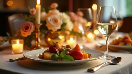 Romantic Dinner Table Setting with Candlelight and Fruit Salad