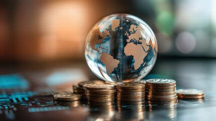 Transparent globe on coins representing global economy and financial growth