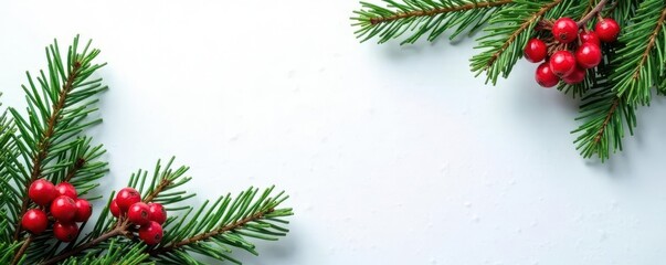 White snowy backdrop, lush green pine boughs, berry sprigs, rustic charm , berries, snow scene, texture